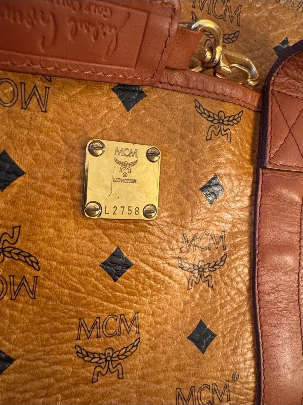 EUC MCM Visetos Leather Duffle Bag in Cognac Brown No Crossbody Strap